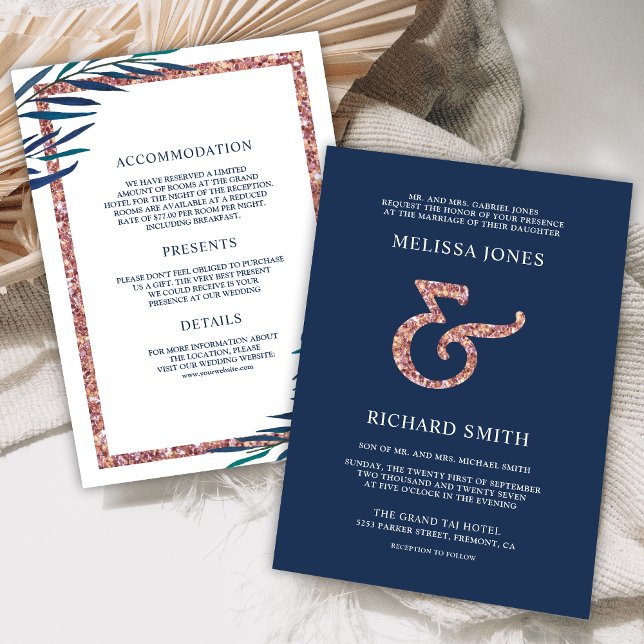 Navy Blue Leaf Branch Rose Gold Ampersand Wedding Invitation (Creator Uploaded)