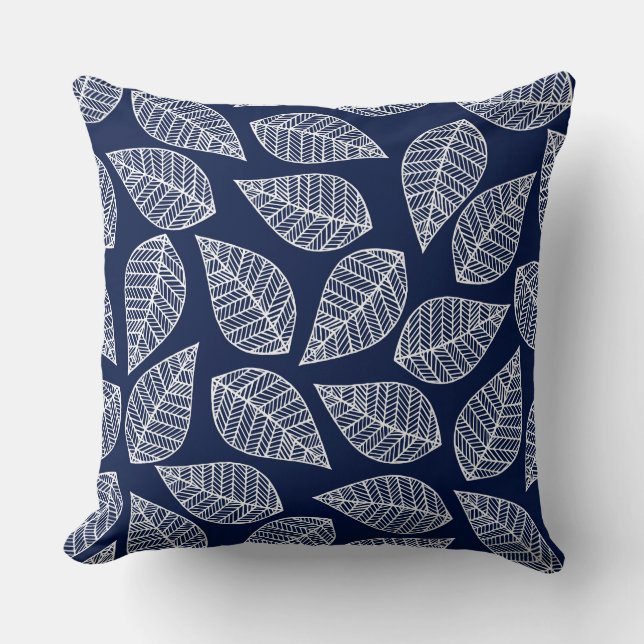 Navy Blue Leaf/Geometric Reversible Pillow Elegant (Front)