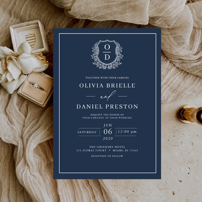 Navy Blue Leafy Crest Monogram Elegant Wedding Invitation (Creator Uploaded)