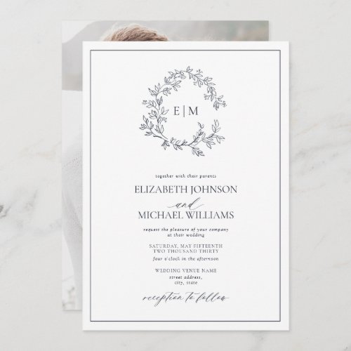 Navy Blue Leafy Crest Monogram Photo Wedding Invitation - We're loving this trendy, modern Navy Blue photo wedding invitation! Simple, elegant, and oh-so-pretty, it features a hand drawn leafy wreath encircling a modern wedding monogram. It is personalized in elegant typography, and accented with hand-lettered calligraphy. Finally, it is trimmed in a delicate frame and the back of the card showcases your favorite engagement photo. Veiw suite here: 
https://www.zazzle.com/collections/navy_blue_leafy_crest_monogram_wedding-119864452128446505 Contact designer for matching products to complete the suite, OR for color variations of this design. Thank you sooo much for supporting our small business, we really appreciate it! 
We are so happy you love this design as much as we do, and would love to invite
you to be part of our new private Facebook group Wedding Planning Tips for Busy Brides. 
Join to receive the latest on sales, new releases and more! 
https://www.facebook.com/groups/622298402544171  
Copyright Anastasia Surridge for Elegant Invites, all rights reserved.
