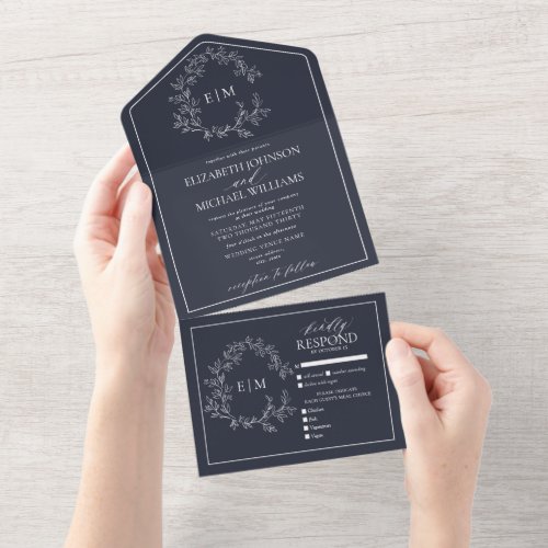 Navy Blue Leafy Crest Monogram Wedding All In One Invitation - We're loving this trendy, modern navy blue All-in-one Simple, elegant, and oh-so-pretty, it features a hand drawn leafy wreath encircling a modern wedding monogram. It is personalized in elegant typography, and accented with hand-lettered calligraphy. Finally, it is trimmed in a delicate frame. To remove meal choices in the RSVP section, we have created a how-to video for you here: https://youtu.be/ZGpeldQgxoE. Part of a matching wedding set. Veiw suite here: 
https://www.zazzle.com/collections/navy_blue_leafy_crest_monogram_wedding-119864452128446505 Contact designer for matching products to complete the suite, OR for color variations of this design. Thank you sooo much for supporting our small business, we really appreciate it! 
We are so happy you love this design as much as we do, and would love to invite
you to be part of our new private Facebook group Wedding Planning Tips for Busy Brides. 
Join to receive the latest on sales, new releases and more! 
https://www.facebook.com/groups/622298402544171  
Copyright Anastasia Surridge for Elegant Invites, all rights reserved.