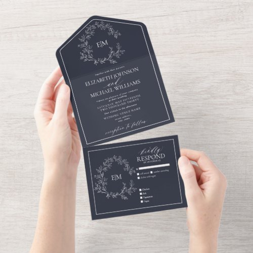 Navy Blue Leafy Crest Monogram Wedding All In One Invitation