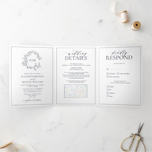 Navy Blue Leafy Crest Monogram Wedding Tri-Fold Invitation - We're loving this trendy, modern Navy Blue Trifold invitation simple, elegant, and oh-so-pretty, it features a hand drawn leafy wreath encircling a modern wedding monogram. It is personalized in elegant typography, and accented with hand-lettered calligraphy. Finally, it is trimmed in a delicate frame. To remove meal choices in the RSVP section, we have created a how-to video for you here: https://youtu.be/ZGpeldQgxoE. A Wedding Details contains extra details like, driving directions, reception information, hotel information, etc. This can also include your wedding website including provision for a map (via screen capture) has been included, and even your favorite engagement photo on the back! Veiw suite here: 
https://www.zazzle.com/collections/navy_blue_leafy_crest_monogram_wedding-119864452128446505  Contact designer for matching products to complete the suite, OR for color variations of this design. Thank you sooo much for supporting our small business, we really appreciate it! 
We are so happy you love this design as much as we do, and would love to invite
you to be part of our new private Facebook group Wedding Planning Tips for Busy Brides. 
Join to receive the latest on sales, new releases and more! 
https://www.facebook.com/groups/622298402544171  
Copyright Anastasia Surridge for Elegant Invites, all rights reserved.