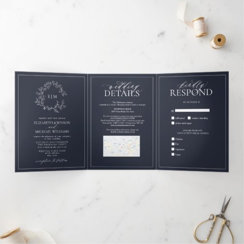 Navy Blue Leafy Crest Monogram Wedding Tri-Fold Invitation - We're loving this trendy, modern Navy Blue Trifold invitation simple, elegant, and oh-so-pretty, it features a hand drawn leafy wreath encircling a modern wedding monogram. It is personalized in elegant typography, and accented with hand-lettered calligraphy. Finally, it is trimmed in a delicate frame. To remove meal choices in the RSVP section, we have created a how-to video for you here: https://youtu.be/ZGpeldQgxoE. A Wedding Details contains extra details like, driving directions, reception information, hotel information, etc. This can also include your wedding website including provision for a map (via screen capture) has been included, and even your favorite engagement photo on the back! Veiw suite here: 
https://www.zazzle.com/collections/navy_blue_leafy_crest_monogram_wedding-119864452128446505 Contact designer for matching products to complete the suite, OR for color variations of this design. Thank you sooo much for supporting our small business, we really appreciate it! 
We are so happy you love this design as much as we do, and would love to invite
you to be part of our new private Facebook group Wedding Planning Tips for Busy Brides. 
Join to receive the latest on sales, new releases and more! 
https://www.facebook.com/groups/622298402544171  
Copyright Anastasia Surridge for Elegant Invites, all rights reserved.