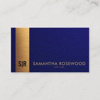 Navy Blue Leather & Brushed Gold Panel Monogram Business Card
