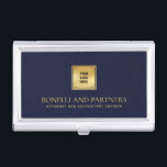 NAVY Blue Leather Business Corporate Gold Logo Business Card Case<br><div class="desc">This luxury business card holder boasts a refined Navy Blue leather-textured illustration, perfectly paired with your business logo over a faux gold overlay for a premium, professional look. Your name, profession, or firm name stands out in opulent gold-tone lettering, creating a timeless and unforgettable impression. Ideal for professionals across various...</div>