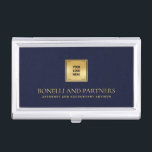 NAVY Blue Leather Business Corporate Gold Logo Business Card Case<br><div class="desc">This luxury business card holder boasts a refined Navy Blue leather-textured illustration, perfectly paired with your business logo over a faux gold overlay for a premium, professional look. Your name, profession, or firm name stands out in opulent gold-tone lettering, creating a timeless and unforgettable impression. Ideal for professionals across various...</div>