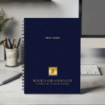 Navy Blue Leather Look Business logo and name Planner<br><div class="desc">Stay organized and elevate your professional image with our Custom Spiral Planner, featuring a refined navy blue leather-look design that combines sophistication with functionality. A customizable square space on the cover allows you to prominently display your business logo over a gold texture while two additional lines of editable text offer...</div>