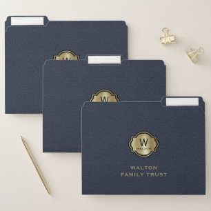 Navy Blue Leather Look Elegant Gold Monogram File Folder