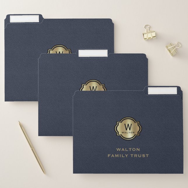 Navy Blue Leather Look Elegant Gold Monogram File Folder (Set)