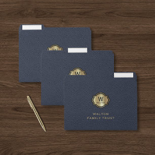 Navy Blue Leather Look Elegant Gold Monogram File Folder