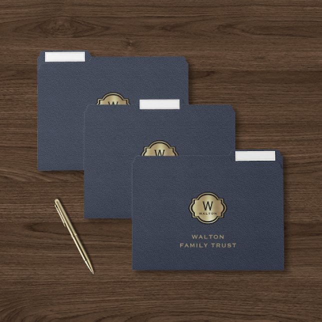 Navy Blue Leather Look Elegant Gold Monogram File Folder (Creator Uploaded)