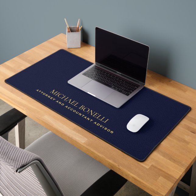Navy Blue Leather Masculine Elegant NAME Desk Mat (Office 2)