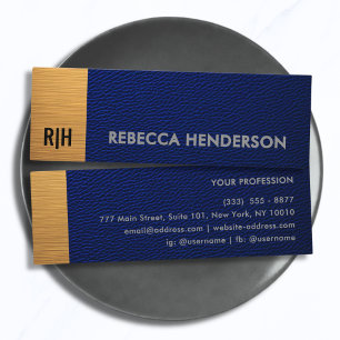 Navy Blue Leather & Metallic Gold Panel Monogram Mini Business Card
