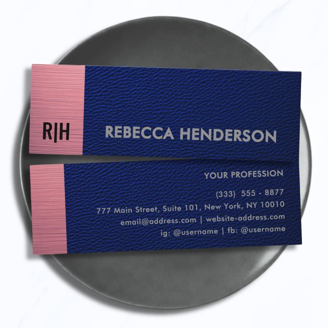 Navy Blue Leather & Metallic Pink Panel Monogram Mini Business Card (Creator Uploaded)