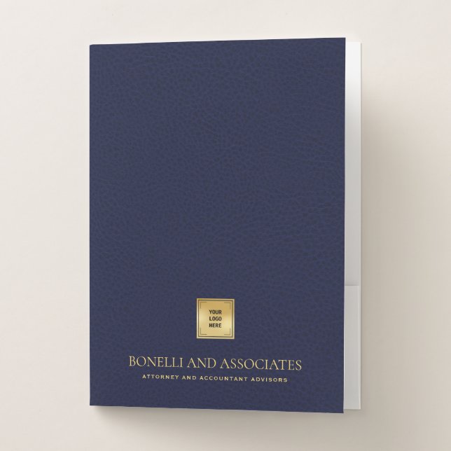 Navy Blue Leather Professional Gold LOGO Legacy Pocket Folder (Front)