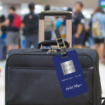 Navy blue leather white business company logo name luggage tag<br><div class="desc">Navy blue faux leather print as background.  Personalize and add you business logo,  name and contact details.  White text.</div>