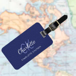 Navy blue leather white monogram name luggage tag<br><div class="desc">Navy blue faux leather print as background. Personalize and add your first name,  monogram letters and full name on the front. Your contact information on the back.  White and blue text.</div>