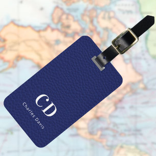 Navy blue leather white monogram name luggage tag