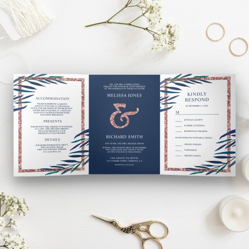 Navy Blue Leaves Branch Rose Gold Glitter Wedding Tri_Fold Invitation