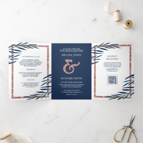Navy Blue Leaves Branch Rose Gold QR Code Wedding Tri-Fold Invitation