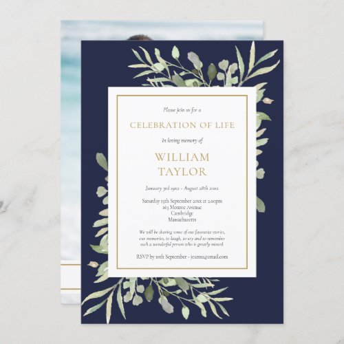 Navy Blue Leaves Funeral Celebration of Life Photo Invitation