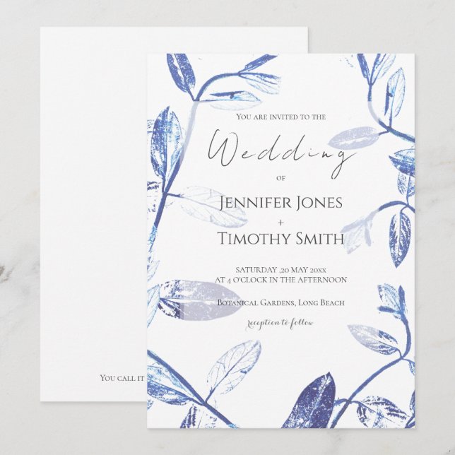 Navy blue leaves nature wedding  invitation (Front/Back)