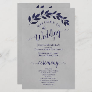 Navy Blue Leaves on Gray Budget Wedding Program