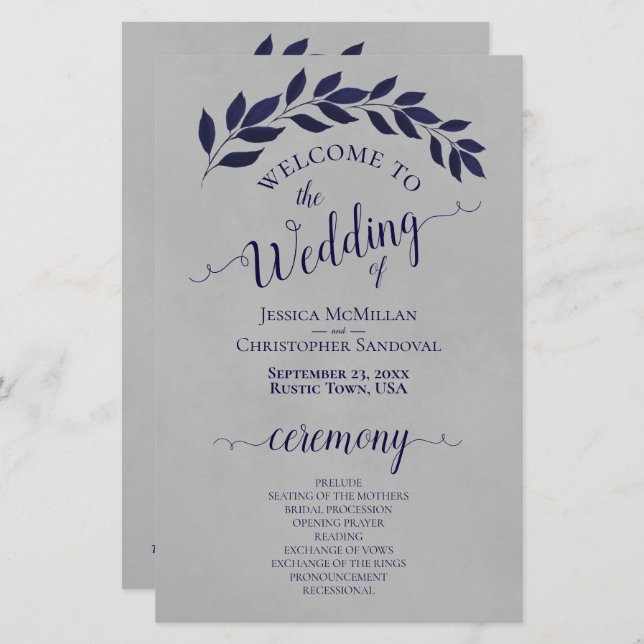 Navy Blue Leaves on Gray Budget Wedding Program (Front/Back)