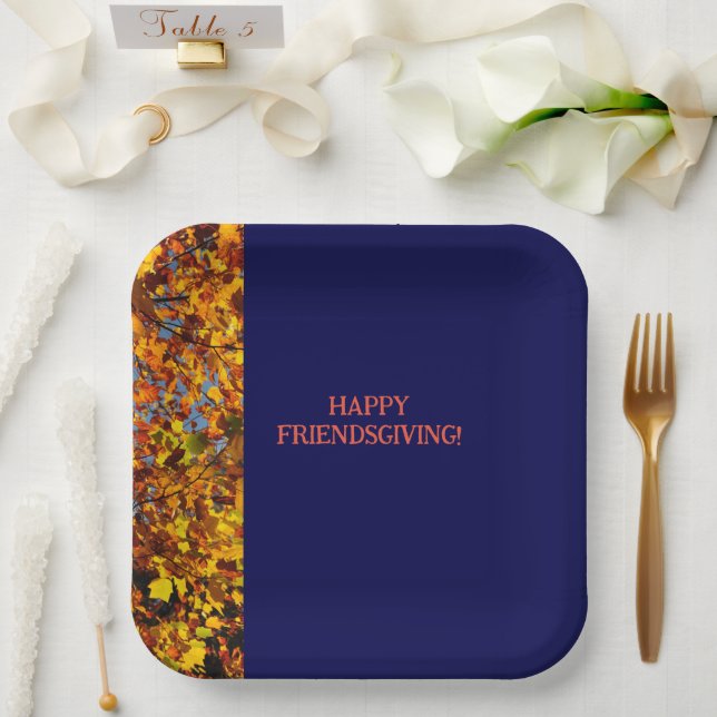 Navy Blue & Leaves Thanksgiving Friendsgiving  Paper Plates (Wedding)