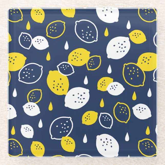  Navy Blue Lemon Art – Refreshing Citrus Design Glass Coaster (Front)