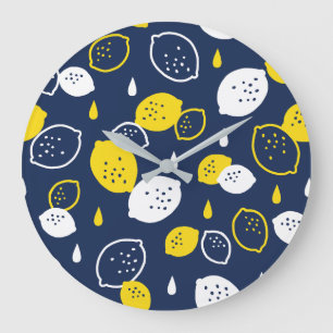 Navy Blue Lemon Art – Refreshing Citrus Design Large Clock
