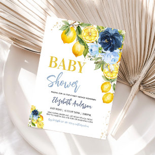 Navy Blue Lemon Citrus Floral Baby Shower Invitation