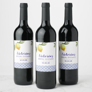 Navy Blue & Lemons bridal shower favor Wine Label