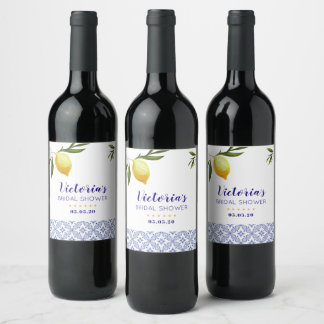 Navy Blue & Lemons bridal shower favor Wine Label