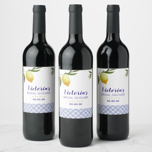 Navy Blue  Lemons bridal shower favor Wine Label