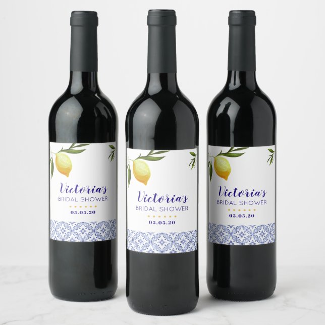 Navy Blue & Lemons bridal shower favor Wine Label (Bottles)