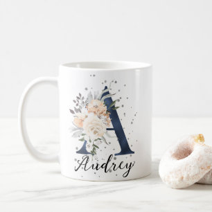 Navy Blue Letter A Peach Cream Floral Monogram Coffee Mug