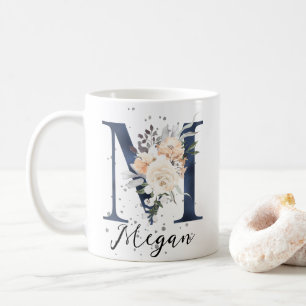 Navy Blue Letter M Peach Cream Floral Monogram Coffee Mug