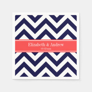 Navy Blue Lg Chevron Coral Red Name Monogram Napkins