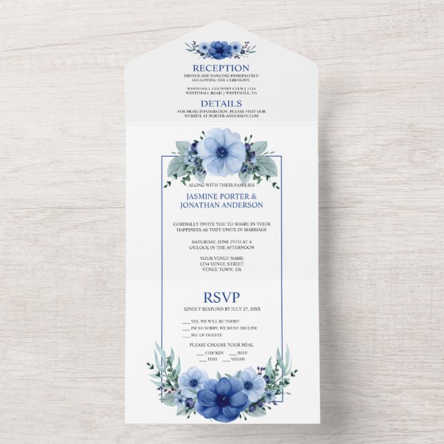 Navy Blue, Light Blue Anemone Floral |  All In One Invitation (Inside)