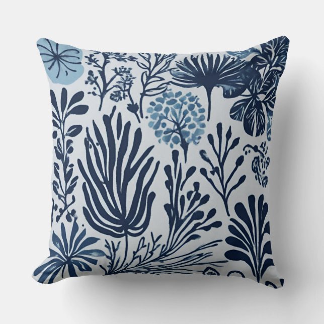 Navy Blue Light Blue Botanical Design Throw Pillow (Front)