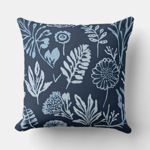 Navy Blue Light Blue Botanical Floral Throw Pillow