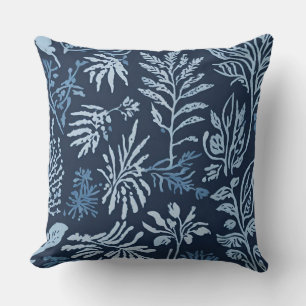 Navy Blue Light Blue Botanical Print Throw Pillow