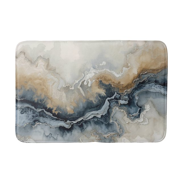 Navy Blue Light Blue Brown Gray Modern Abstract Bath Mat (Front)