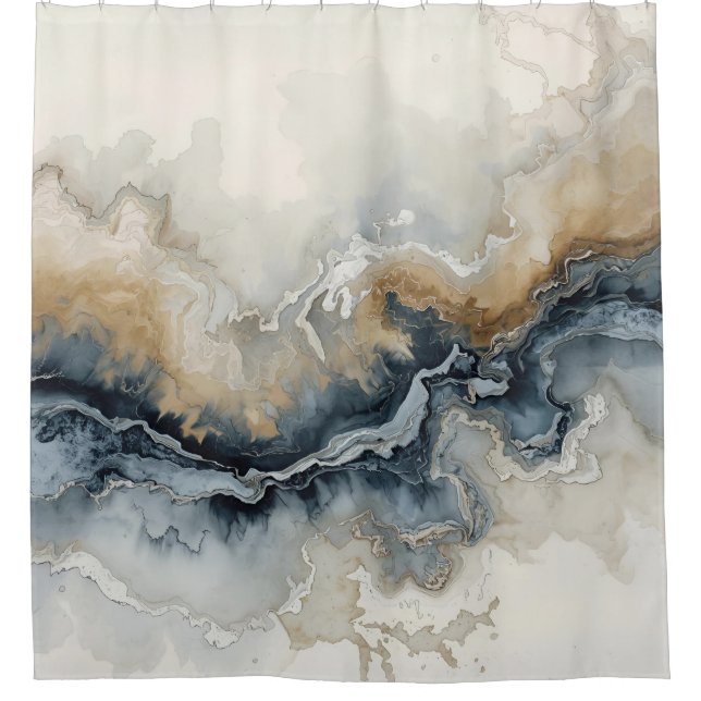 Navy Blue Light Blue Brown Gray Modern Abstract Shower Curtain (Front)