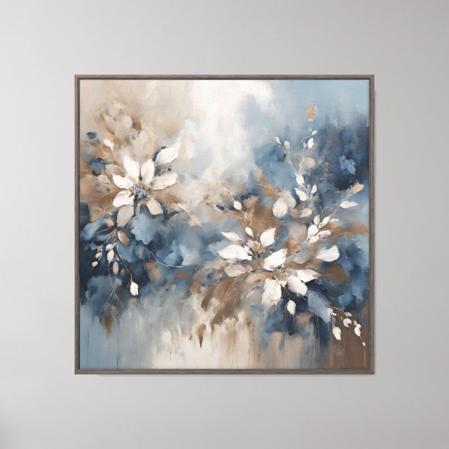 Navy Blue Light Blue Brown Modern Floral Canvas Print (Front)