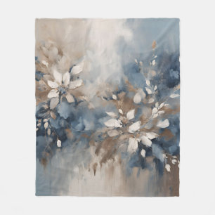 Navy Blue Light Blue Brown Modern Floral Fleece Blanket