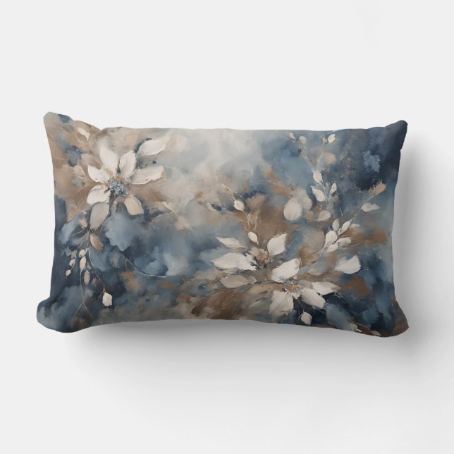 Navy Blue Light Blue Brown Modern Floral Lumbar Pillow (Front)