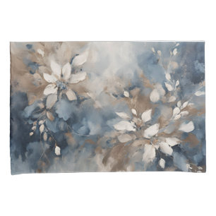 Navy Blue Light Blue Brown Modern Floral Pillow Case